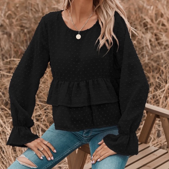 blue swiss dot ruffle babydoll long sleeve top - Picture 11 of 13